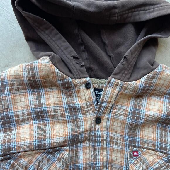 2000s Quiksilver Plaid orange brown flannel distressed | Mens size L beach skate - Picture 4 of 5